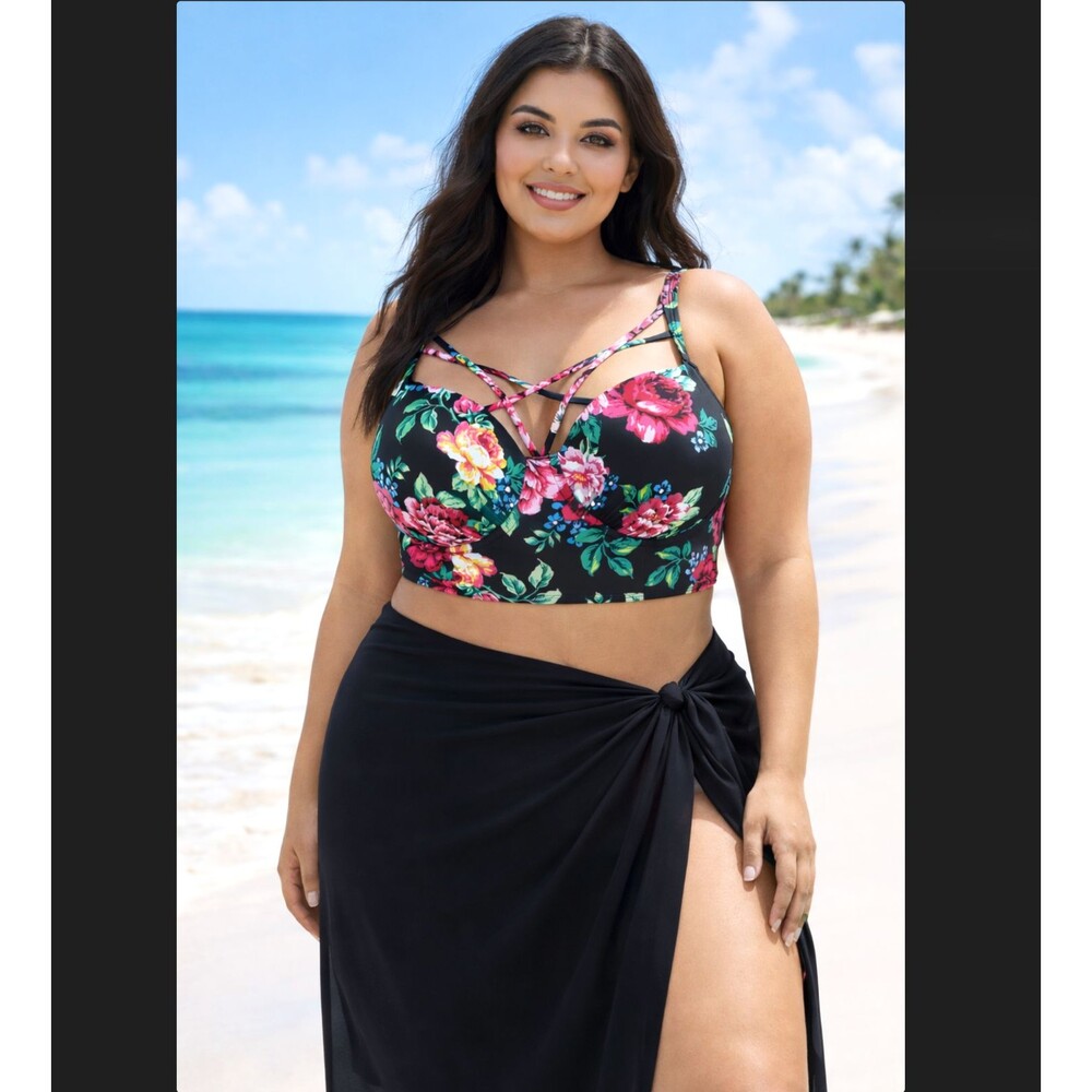 Torrid Floral Lattice Bikini Top 2X D/DD Strappy Underwire Push Up NWT UPF 40